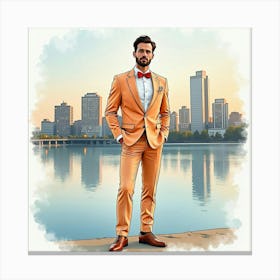 Charming Man In Watercolor Suit, Serene Cityscape Backdrop 1 Canvas Print