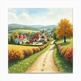 English Countryside With Romanian Seasonal Festivals, Painted In Watercolor 1 Canvas Print