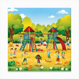 A joyful and colorful scene of children playing together in a vibrant playground, featuring swings, slides, and happy faces, capturing the essence of carefree and active childhood. Such images are popular for various children's products, educational materials, and family-oriented projects Canvas Print