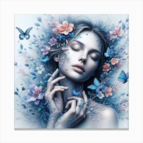 Woman With Blue Flowers And Butterflies Canvas Print