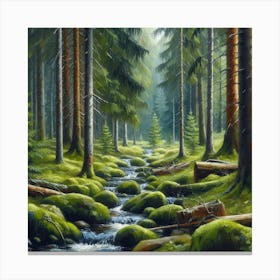 Stream In The Forest, Acrylic Painting Style 17 Canvas Print