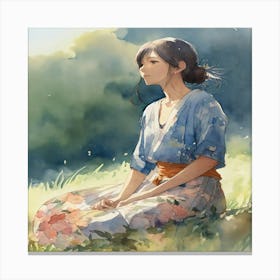 Girl Sitting In The Grass Canvas Print