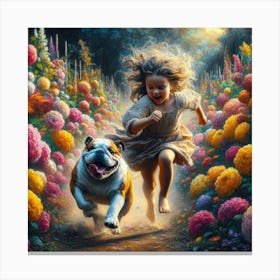 Little Girl And A Dog In The Garden Canvas Print