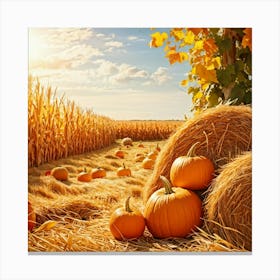 Autumn Harvest Scene Featuring Oversized Pumpkins Nestled Among Stalks Of Sunlit Corn Bales Of Hay (3) Canvas Print