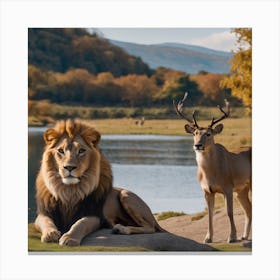 Lion And Deer Sitting At One Place Canvas Print