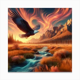 3 Dimensional Eagle Flying Over A Field Creek Sunset Clouds Swirling 2 Canvas Print