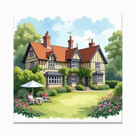 A Picturesque English Country Inn With Guests Relaxing In The Garden, Watercolor 1 Canvas Print