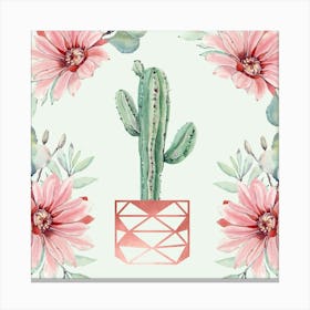 Pink Cactus - Rose Gold Watercolor Floral Canvas Print