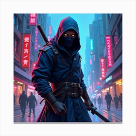 Ninja Assassin In A Neon Watercolor Cityscape 1 Canvas Print