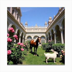 Horse And Rabbit In The Courtyard Canvas Print