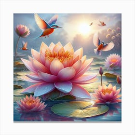 Water Lilies And Birds 1 Canvas Print