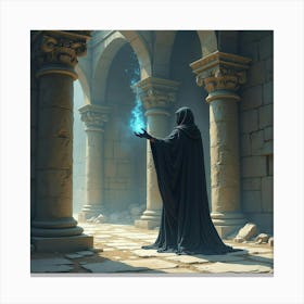 Dark Sorcerer Controlling Dark Magic In A Ruined Temple, Watercolor Tone 1 Canvas Print