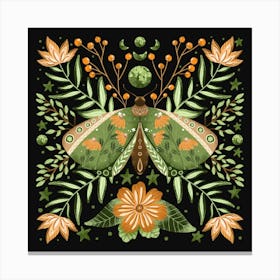 Whimsical green butterfly with summer flowers Canvas Print