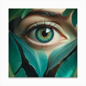 Close Up Of A Woman S Bright Blue Eye Peeking Through Lush Green Tropical Leaves Canvas Print