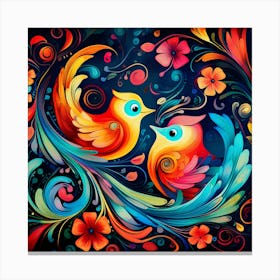 Colorful Birds On A Black Background Canvas Print