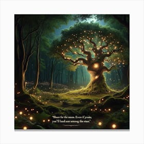 A Night Scene In A Lush, Magical Forest Clearing Illuminated By Glowing Fireflies Canvas Print