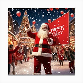 A Festive Christmas Scene With A Cheerful Man Dressed As Santa Claus Holding A Sign Fingers Pointin (5) Canvas Print