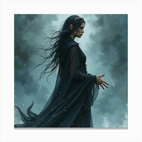 Black Magic Enchantress With A Watercolor Stormy Scene 1 Canvas Print