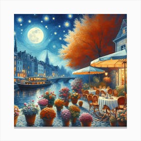 Riverside Cafe At Night With Scenic Autumn Buildings In Van Gogh Painting Art Canvas Print