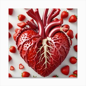 A Human Heart, Realistically Rendered, Is Surrounded By A Circular Arrangement Of Fresh Strawberries On A White Background Canvas Print