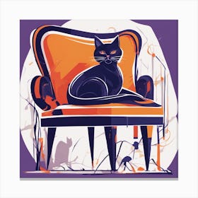 Drew Illustration Of Cat On Chair In Bright Colors, Vector Ilustracije, In The Style Of Dark Navy An (3) Canvas Print