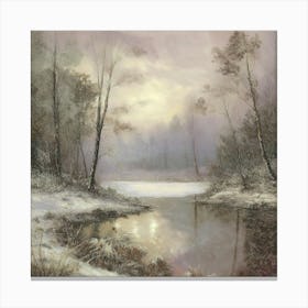 Ancient landscapes, old winter oil paintings and rocks around the lake bank. Snow is falling on the lake, old colors.7 Canvas Print