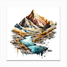 Watercolor Of Mountains And River 3 Canvas Print