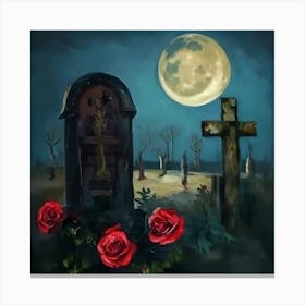 Graveyard With Roses Under The Moon Canvas Print