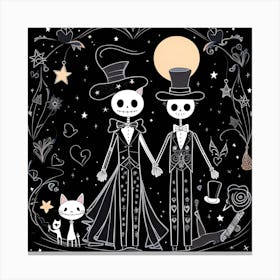 Day Of The Dead Skeleton Couple cat whimsical minimalistic line art Canvas Print