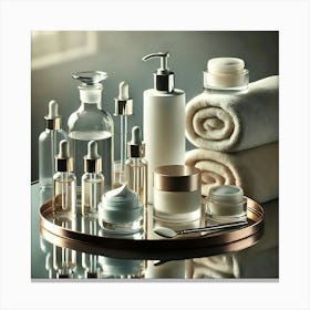 Luxury Skincare Display Wall Art: Elegant Glass Bottles and Cream Jars for Sophisticated Beauty and Self-Care Decor Print Art Canvas Print