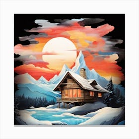 Abstract painting snow mountain and wooden hut Canvas Print