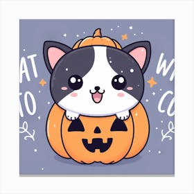 Cute Cat wearing a pumpkin hat kawaii cartoon anime Canvas Print