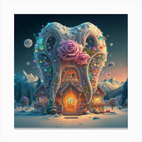 , a house in the shape of giant teeth made of crystal with neon lights and various flowers 9 Canvas Print