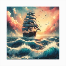 Sailing Ship In Stormy Sea Canvas Print