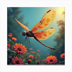 A Surreal Dragonfly With Fractal Wings Darting Through A Vibrant, Abstract Garden Canvas Print