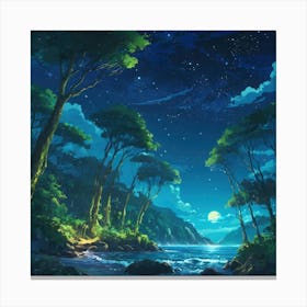 Night Scene With River & Trees Canvas Print