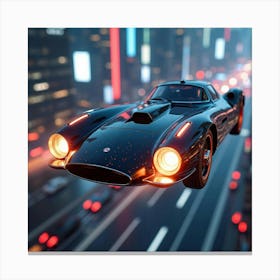 Sleek Futuristic Car With Glowing Engines, Flying Above A Neon Lit City 1 Canvas Print