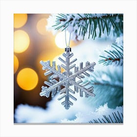 Glossy Snowflake Ornament Dangling From A Needle Of A White Fir Tree Dusted With Fresh Snow Backdr (3) Toile