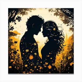 Silhouettes Of Two People Hugging Surrounded By Elements Of Nature Flowers Trees Growing , Silhouette Of Couple In The Forest Canvas Print