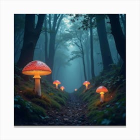 Enchanted Forest With Glowing Mushrooms And Mystical Fog Canvas Print