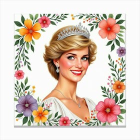 Smiling Princess Diana In A Frame Of Colorful Watercolor Flowers And Vines 1 Canvas Print