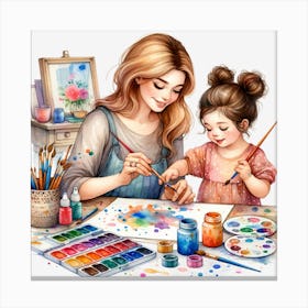 Mother And Daughter Painting Canvas Print