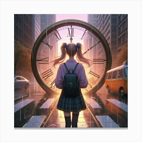 Girl Standing In Front Of A Clock Canvas Print