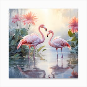 Golden Wings: Flamingos Bathed in Morning Glow Canvas Print