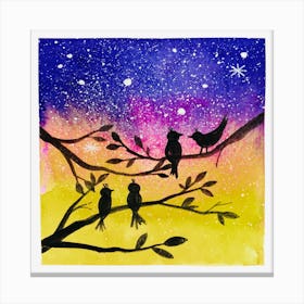 Watercolor Light Above The Little Bird In The Beautiful Night Canvas Print