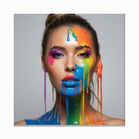 Beautiful Woman With Colorful Paint On Her Face in the style of dripping paint Canvas Print