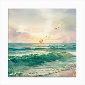 Tranquil Horizons A Serene Watercolor Of A Sunset Over A Gentle Ocean (3) Canvas Print