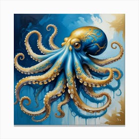 Octopus Blue And Gold Animal Art Print 1 Canvas Print