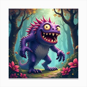 Monster With Jagged Teeth In A Colorful, Magical Forest 1 Canvas Print