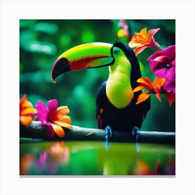 Tropical Lagoon Flowers with Green Billed Toucan Canvas Print